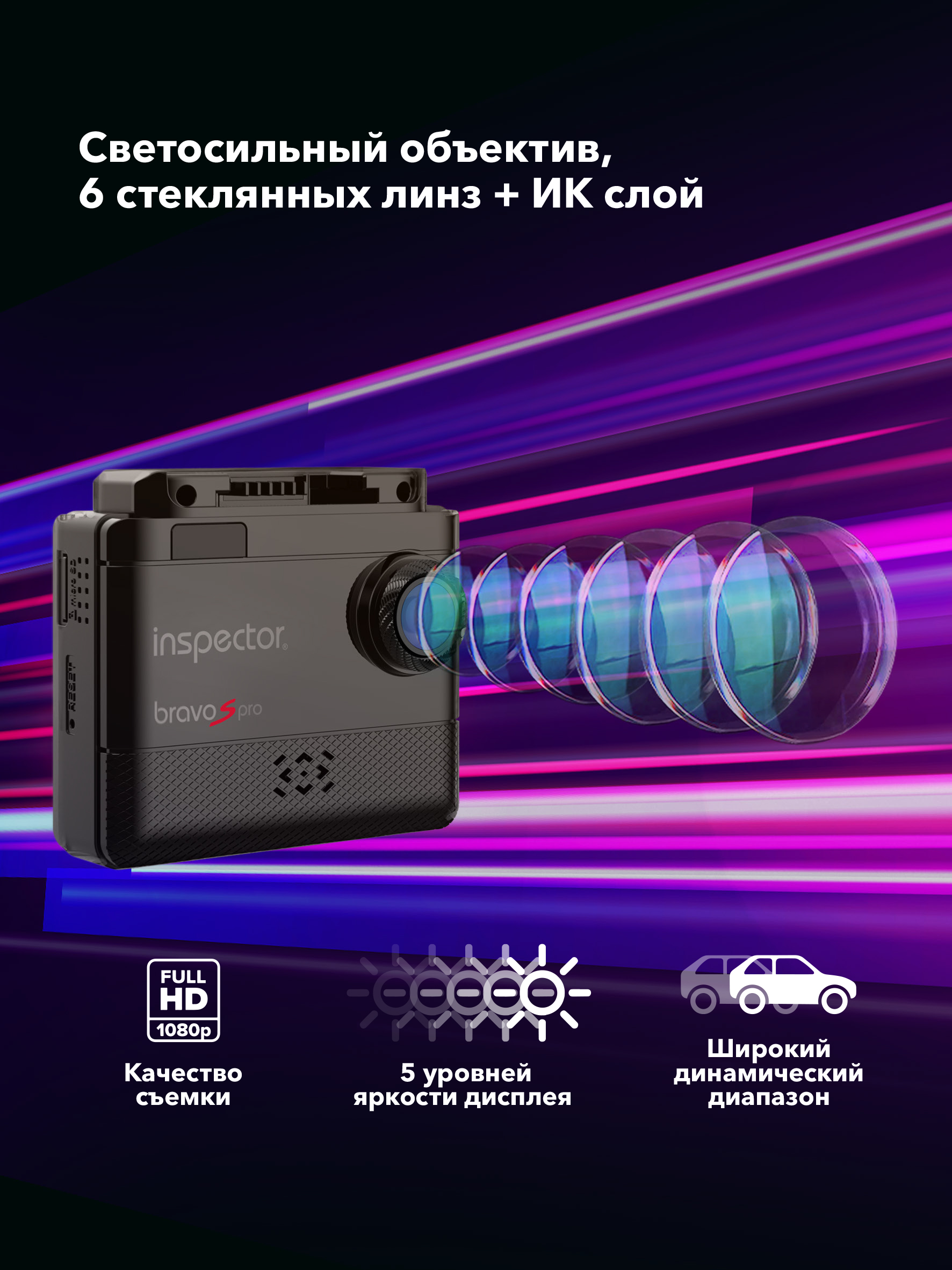 Видеорегистратор с сигнатурным радар-детектором и LNA-усилителем Inspector Bravo S Pro